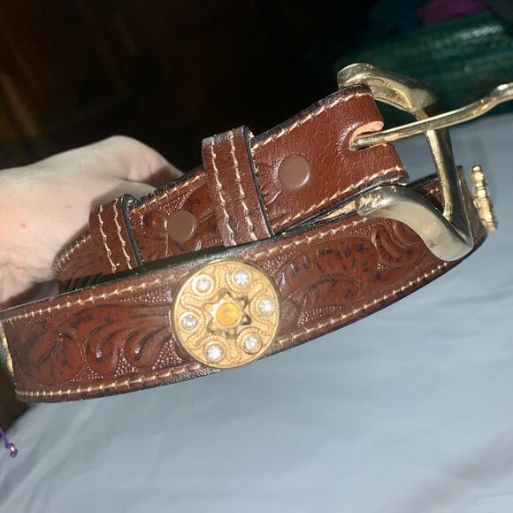 JILL STUART VINTAGE 80’s TOOLED LEATHER BELT WITH JEWELS - WESTERN GLAM! - Picture 15 of 16
